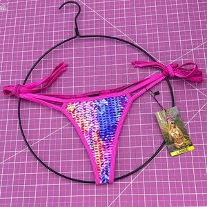 Demon Bikini Handmade Swim Large Pink Multicolor Tie Side Thong Bikini Bottom